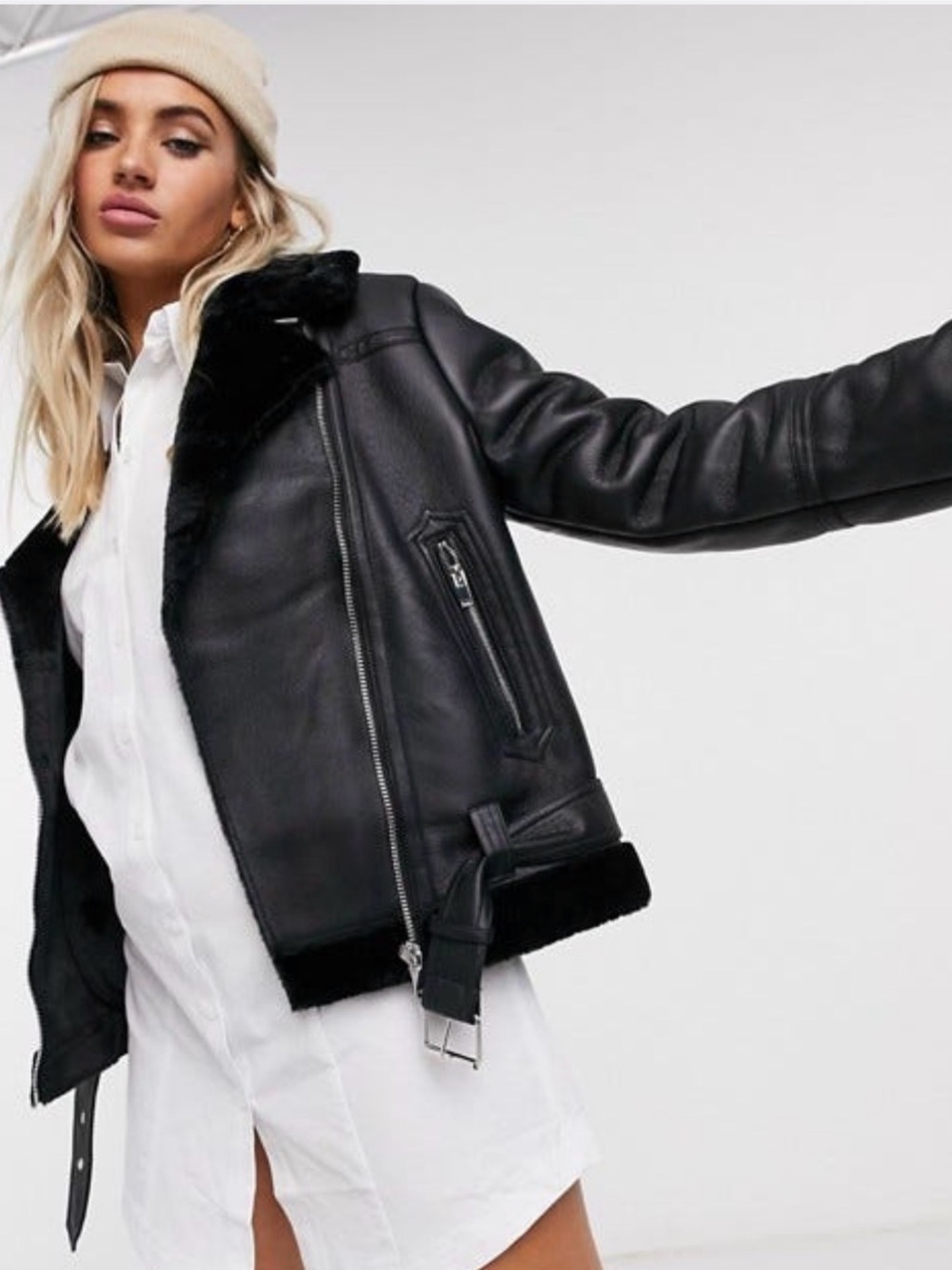 Topshop Vegan Leather Aviator Biker Jacket with Faux Fur Lining Size 2